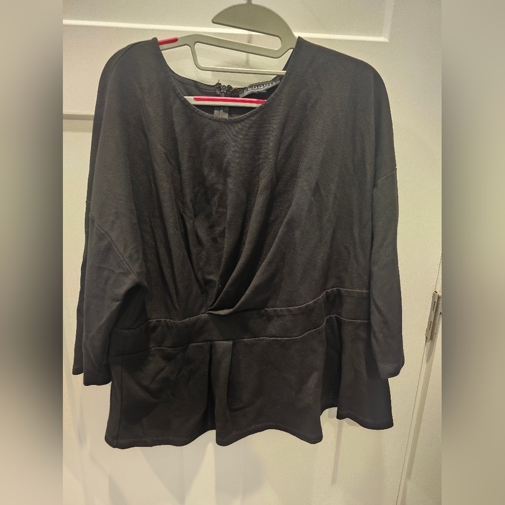 ELOQUII Plus Sz 20 Black Twist Front Peplum Top 3/4 Sleeve Back Zip Knit Blouse
